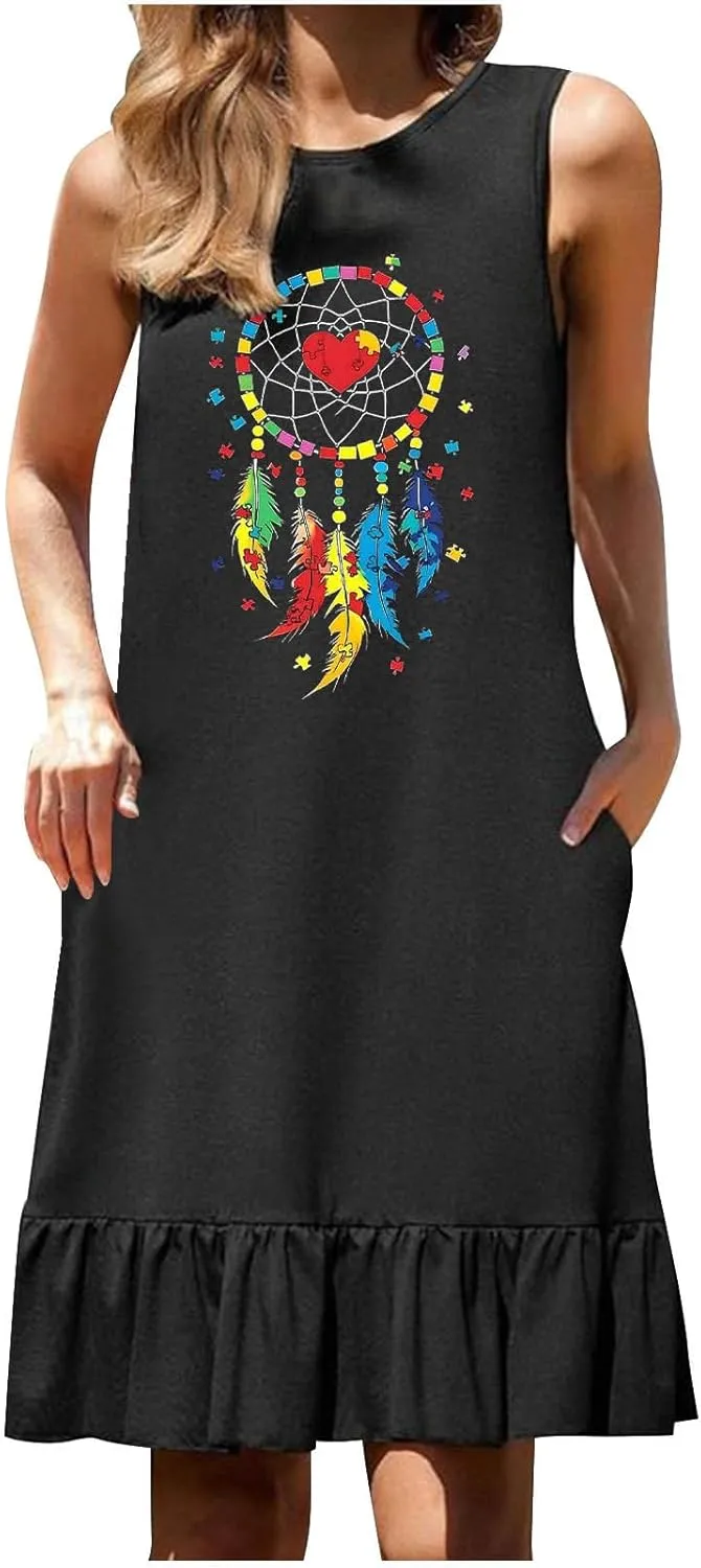 Womens Summer Dresses Floral Printed Sleeveless Shirt Dress Loose Fit Casual Dress Flowy Shift Dress