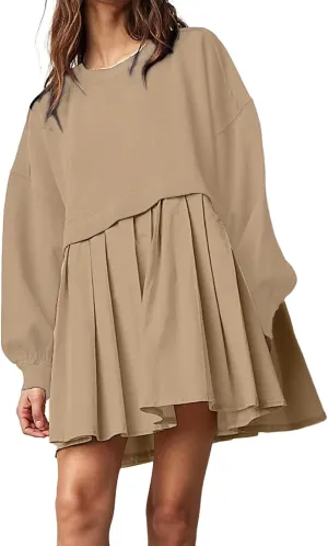 Womens Summer Dresses Oversized Sweatshirt Dress Neck Long Sleeve Patchwork Pullover Tops Sweatshirt Dress