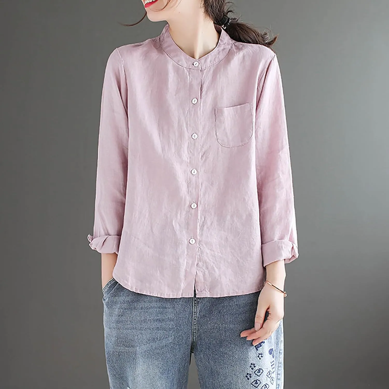 Women's Summer Fashion Solid Color Cotton Linen Tops with Pockets Casual Long Sleeve Crewneck Button Down Shirts
