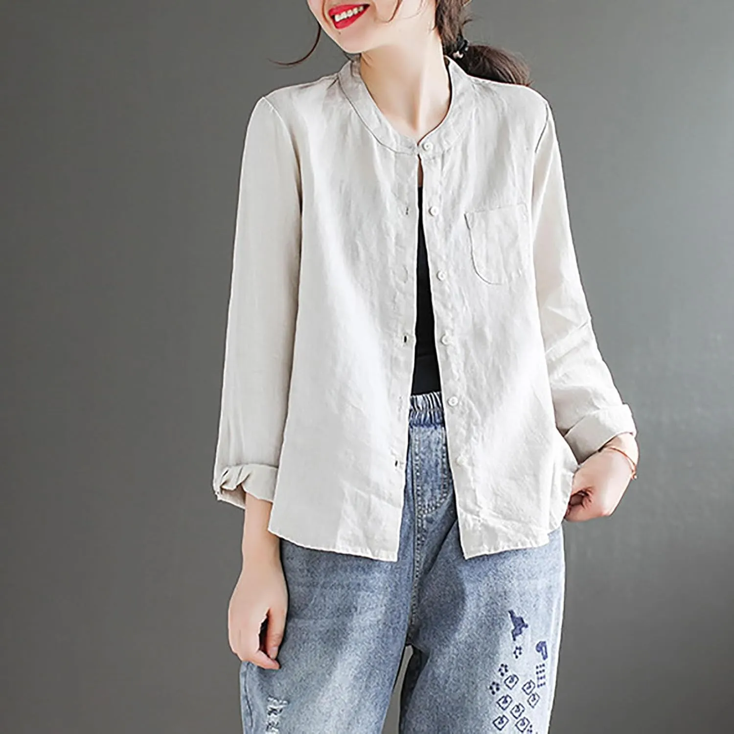 Women's Summer Fashion Solid Color Cotton Linen Tops with Pockets Casual Long Sleeve Crewneck Button Down Shirts
