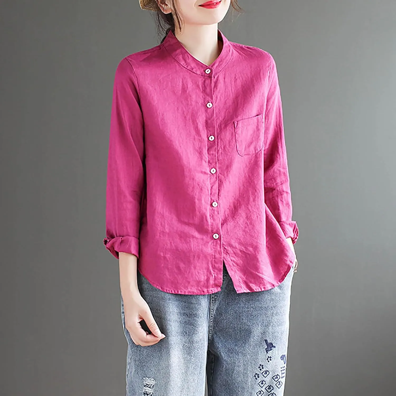 Women's Summer Fashion Solid Color Cotton Linen Tops with Pockets Casual Long Sleeve Crewneck Button Down Shirts