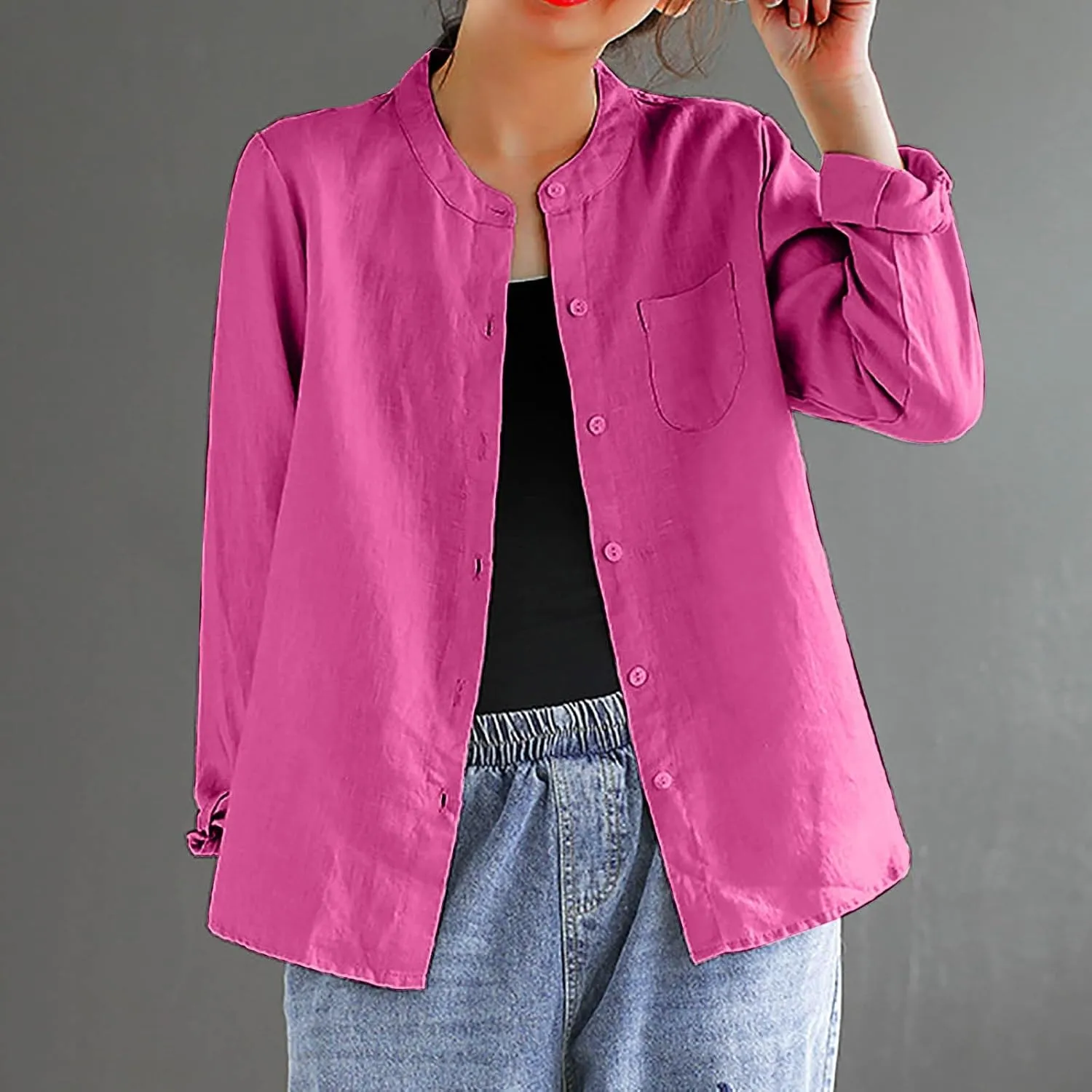 Women's Summer Fashion Solid Color Cotton Linen Tops with Pockets Casual Long Sleeve Crewneck Button Down Shirts