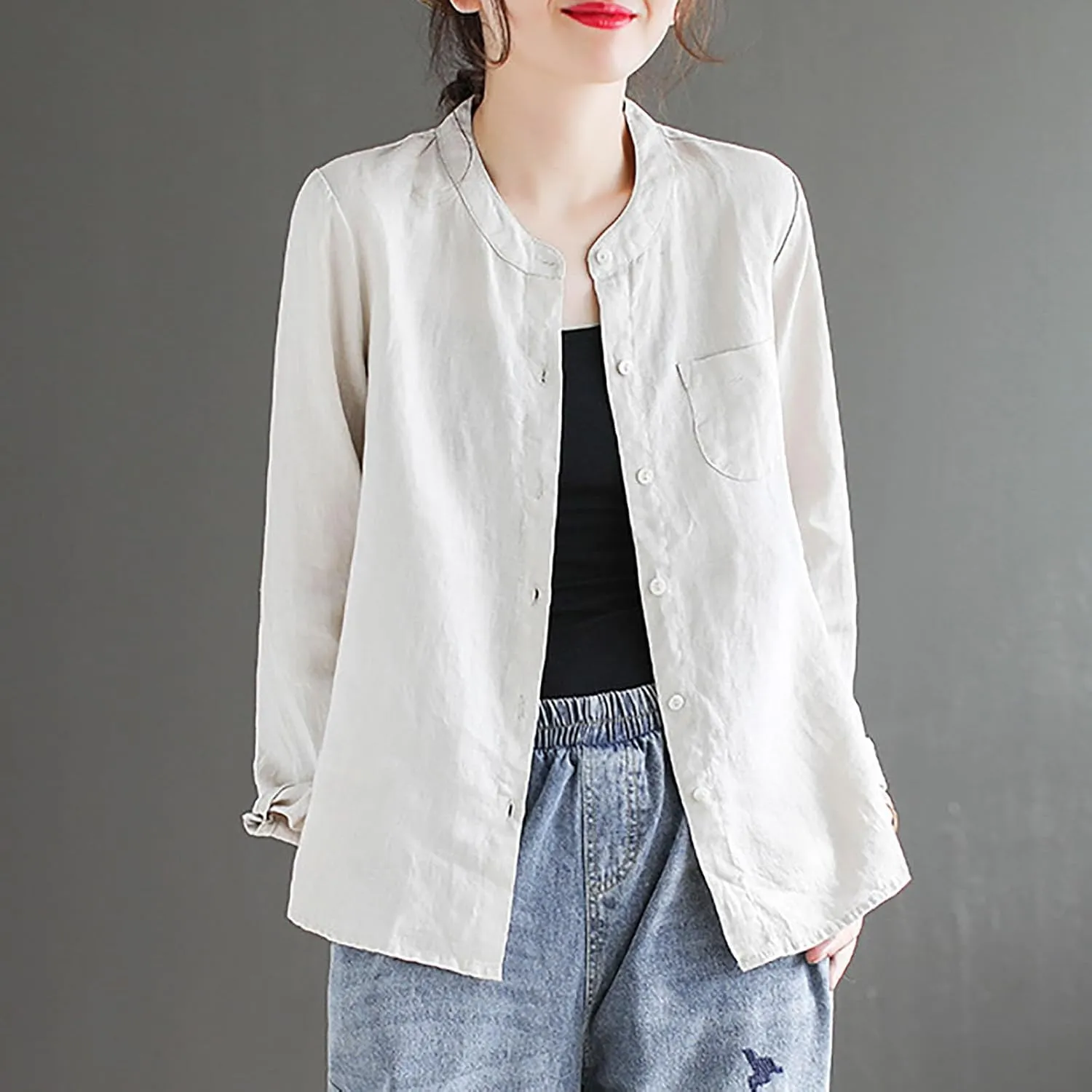 Women's Summer Fashion Solid Color Cotton Linen Tops with Pockets Casual Long Sleeve Crewneck Button Down Shirts