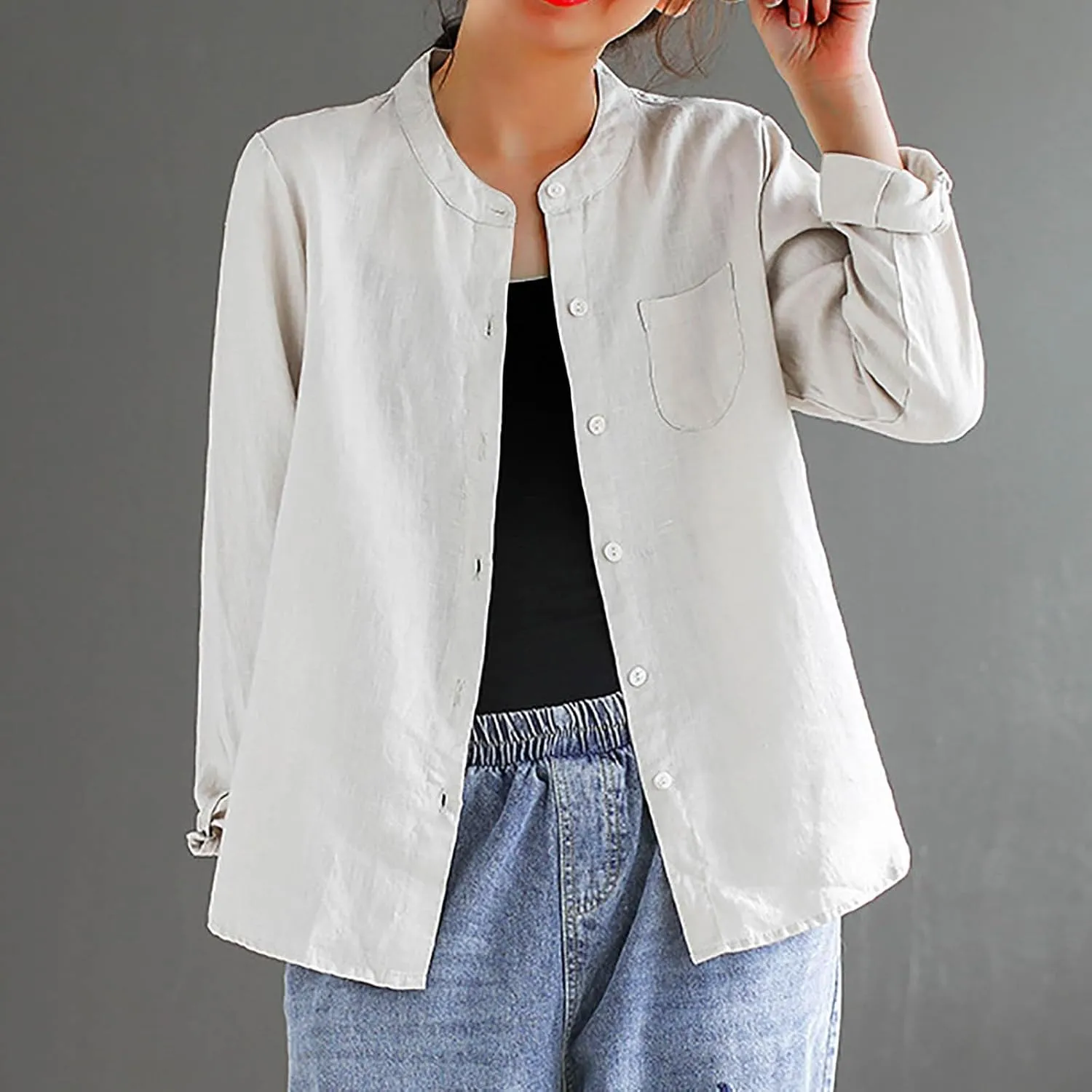 Women's Summer Fashion Solid Color Cotton Linen Tops with Pockets Casual Long Sleeve Crewneck Button Down Shirts