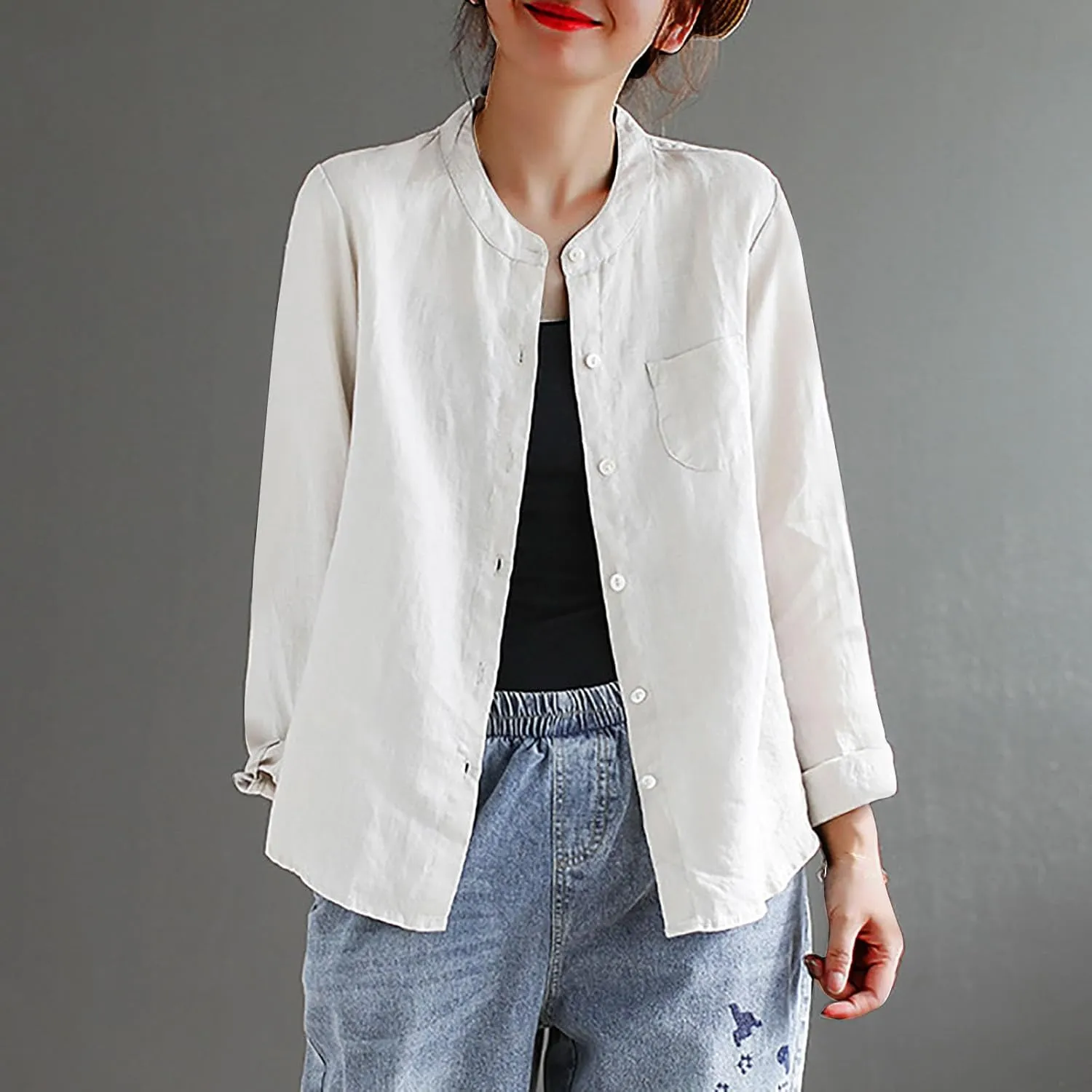 Women's Summer Fashion Solid Color Cotton Linen Tops with Pockets Casual Long Sleeve Crewneck Button Down Shirts