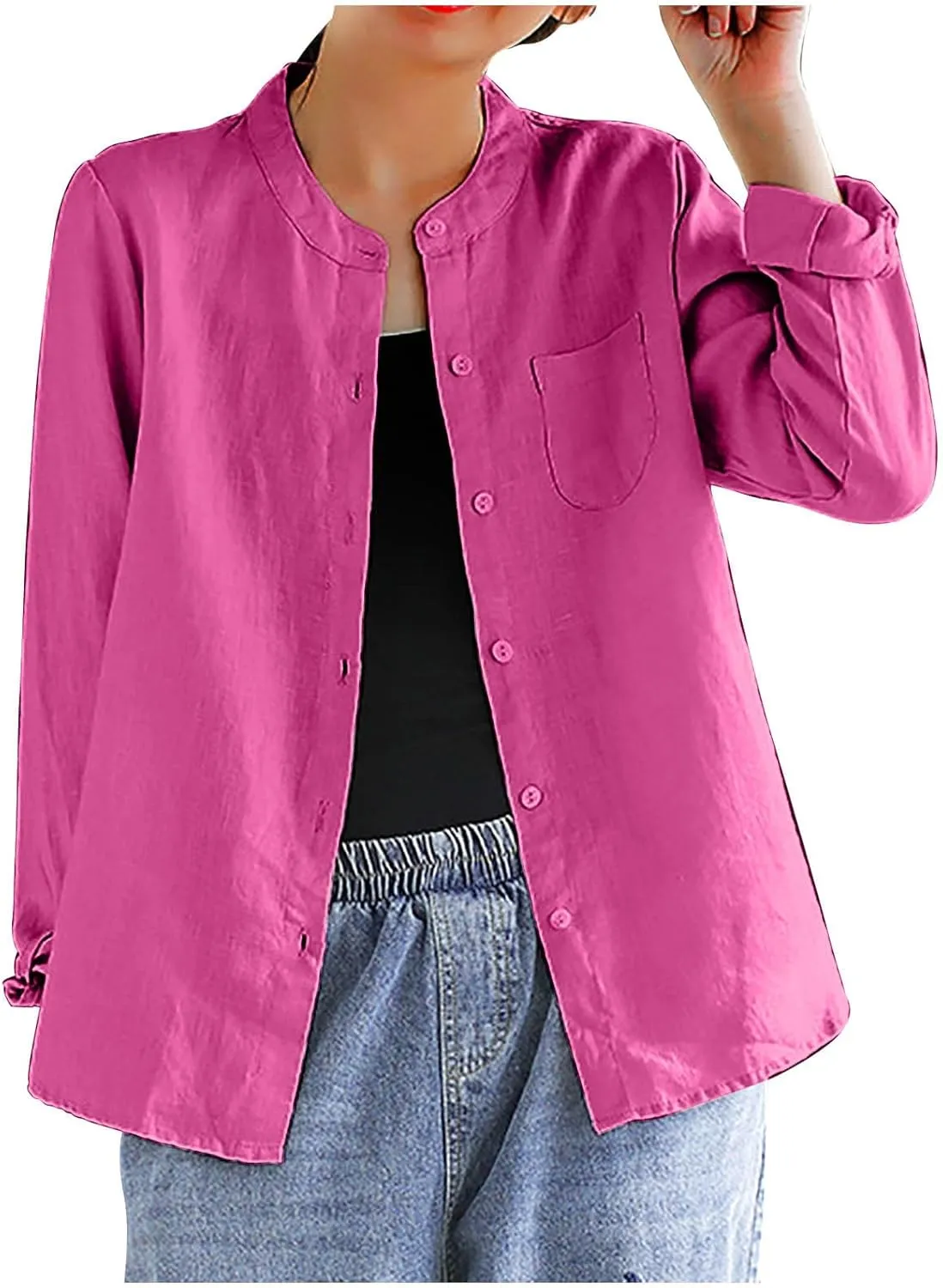 Women's Summer Fashion Solid Color Cotton Linen Tops with Pockets Casual Long Sleeve Crewneck Button Down Shirts