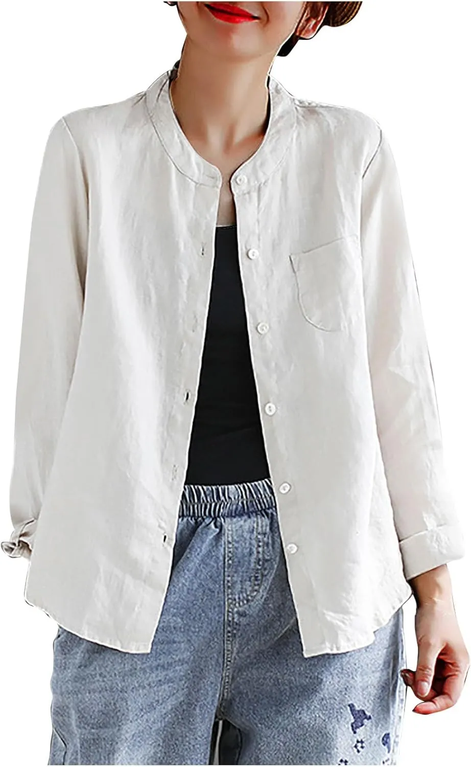 Women's Summer Fashion Solid Color Cotton Linen Tops with Pockets Casual Long Sleeve Crewneck Button Down Shirts