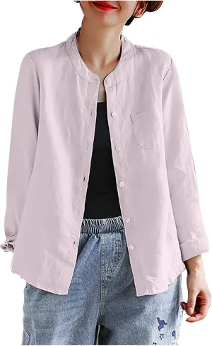 Women's Summer Fashion Solid Color Cotton Linen Tops with Pockets Casual Long Sleeve Crewneck Button Down Shirts