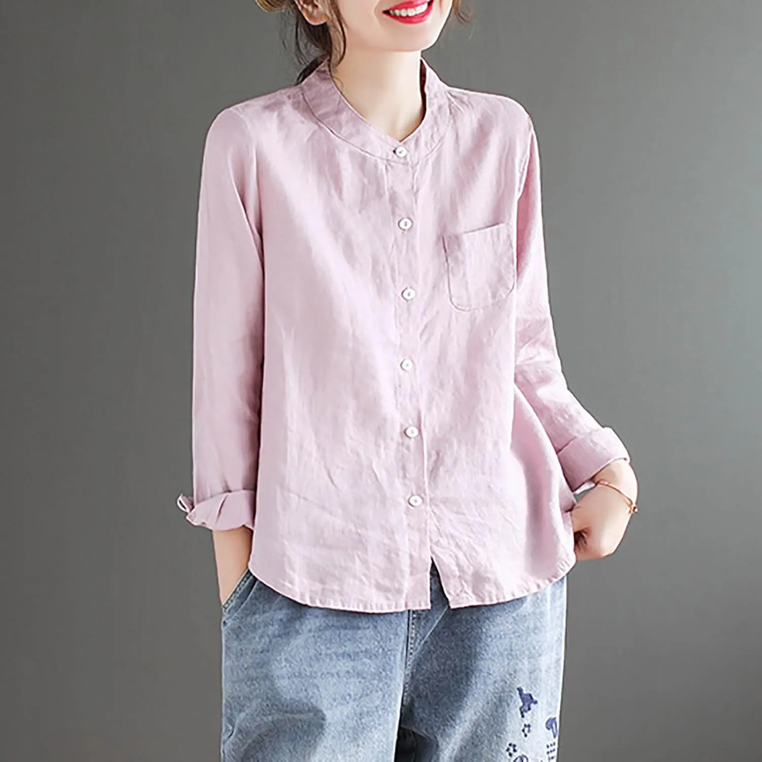 Women's Summer Fashion Solid Color Cotton Linen Tops with Pockets Casual Long Sleeve Crewneck Button Down Shirts