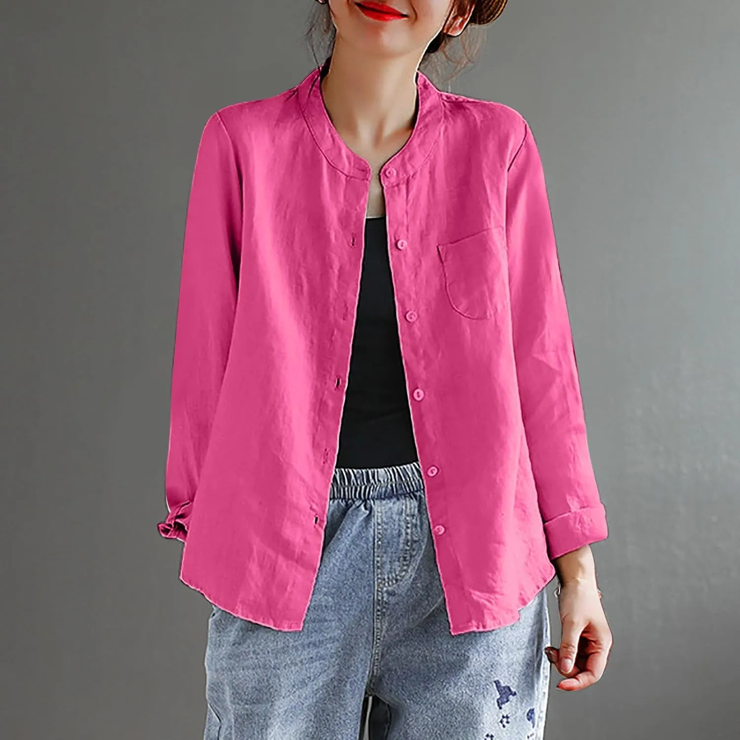 Women's Summer Fashion Solid Color Cotton Linen Tops with Pockets Casual Long Sleeve Crewneck Button Down Shirts