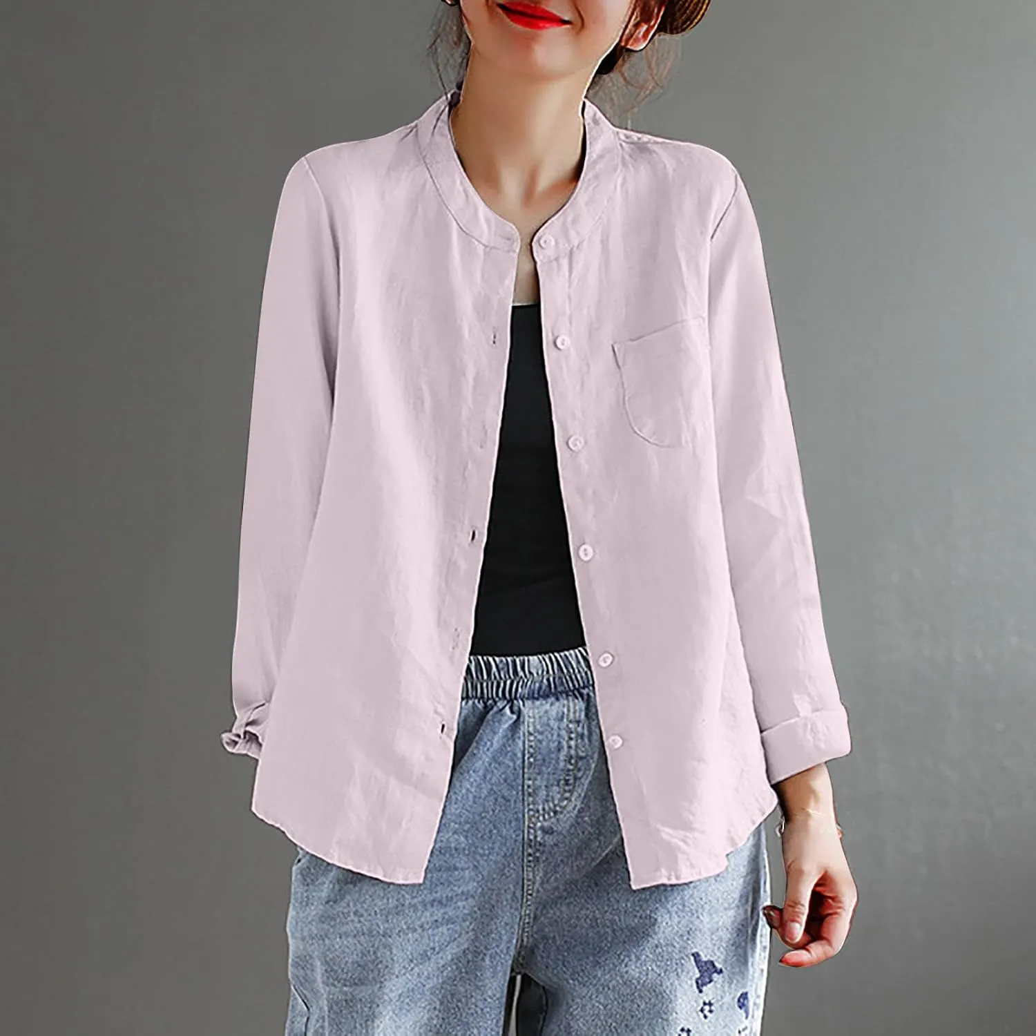 Women's Summer Fashion Solid Color Cotton Linen Tops with Pockets Casual Long Sleeve Crewneck Button Down Shirts