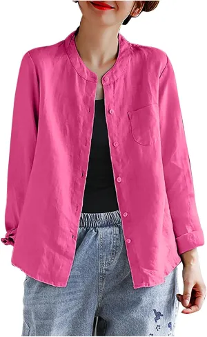 Women's Summer Fashion Solid Color Cotton Linen Tops with Pockets Casual Long Sleeve Crewneck Button Down Shirts