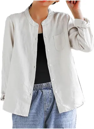 Women's Summer Fashion Solid Color Cotton Linen Tops with Pockets Casual Long Sleeve Crewneck Button Down Shirts