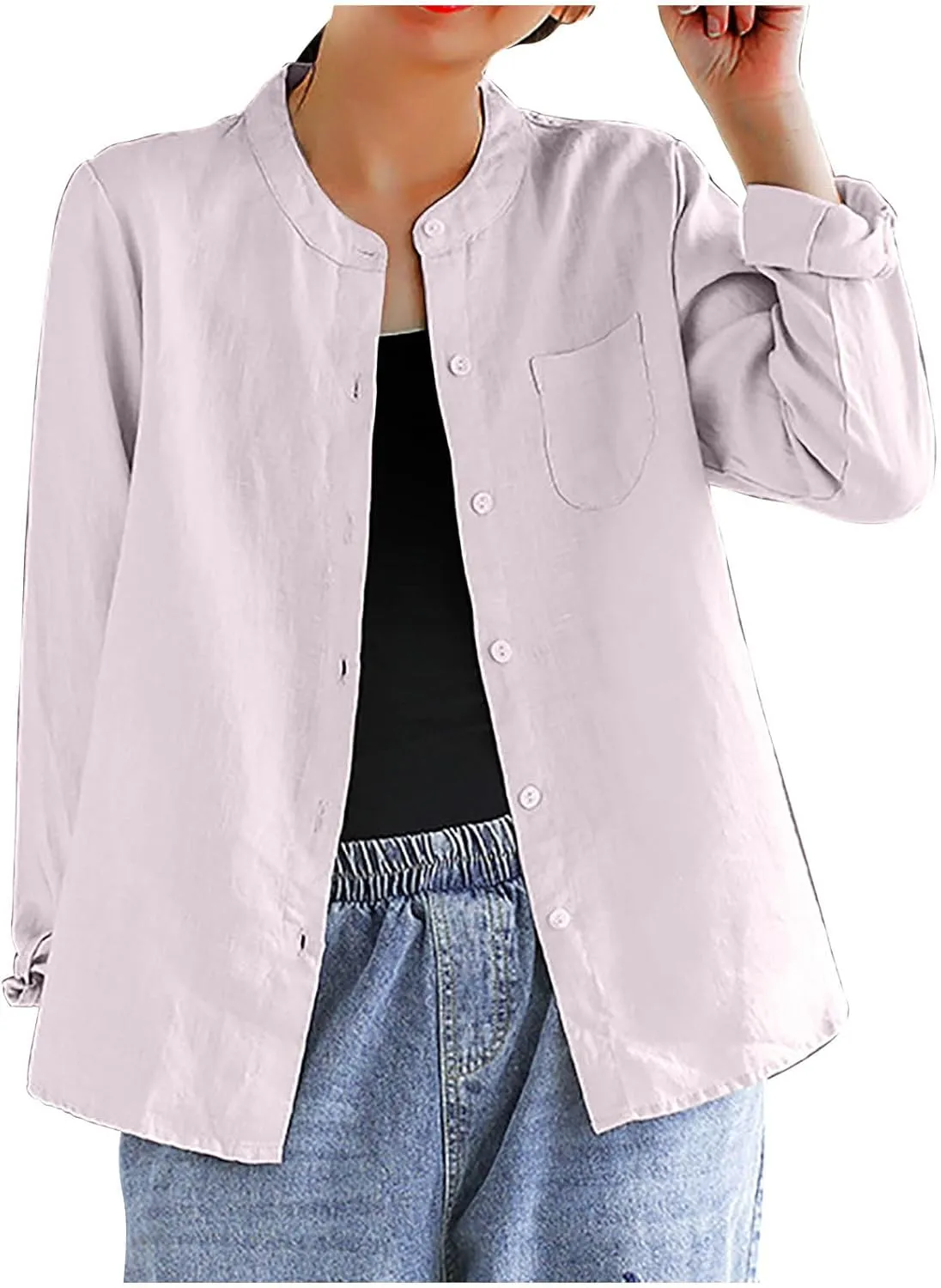 Women's Summer Fashion Solid Color Cotton Linen Tops with Pockets Casual Long Sleeve Crewneck Button Down Shirts