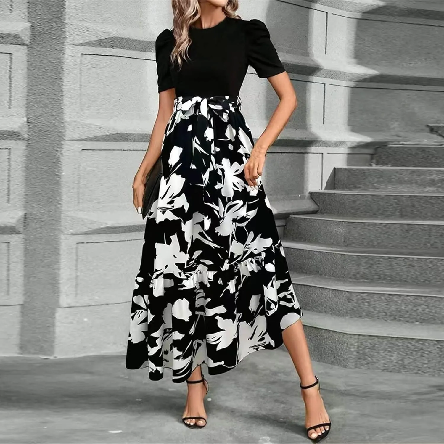 Womens Summer Floral Dress Casual Printed Short Sleeve Dress Crewneck Flowy Midi Dress Elegant Work Dresses with Belt