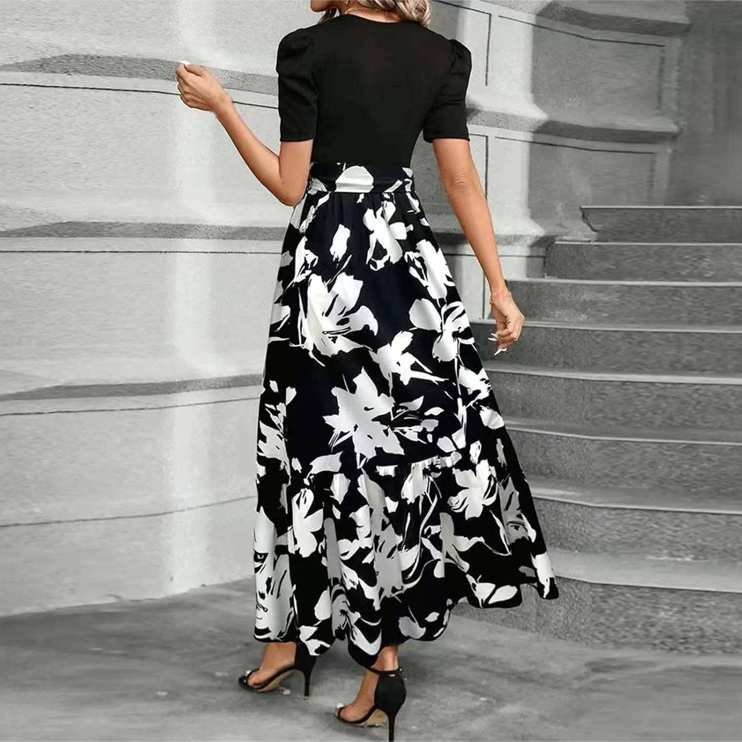 Womens Summer Floral Dress Casual Printed Short Sleeve Dress Crewneck Flowy Midi Dress Elegant Work Dresses with Belt