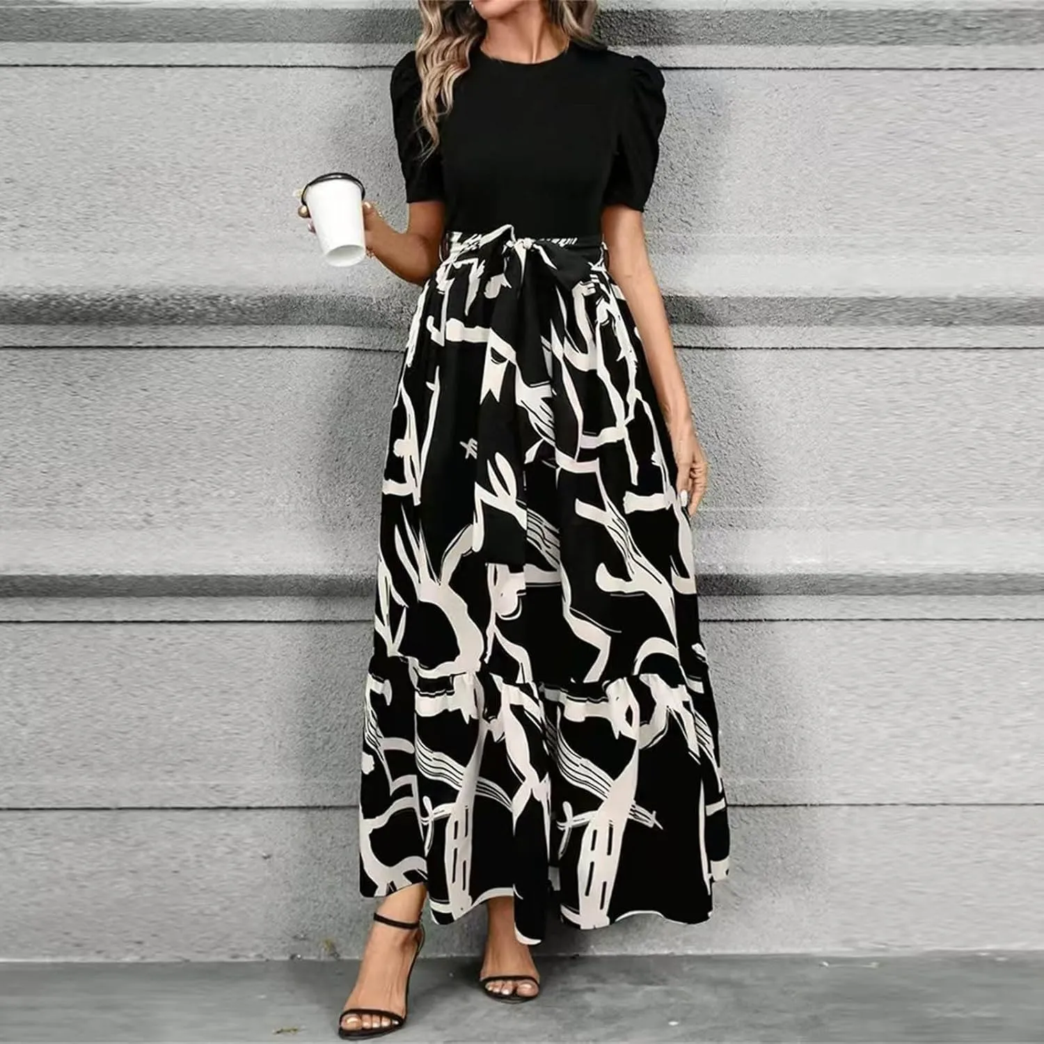 Womens Summer Floral Dress Casual Printed Short Sleeve Dress Crewneck Flowy Midi Dress Elegant Work Dresses with Belt