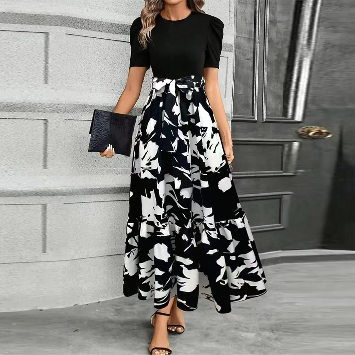 Womens Summer Floral Dress Casual Printed Short Sleeve Dress Crewneck Flowy Midi Dress Elegant Work Dresses with Belt