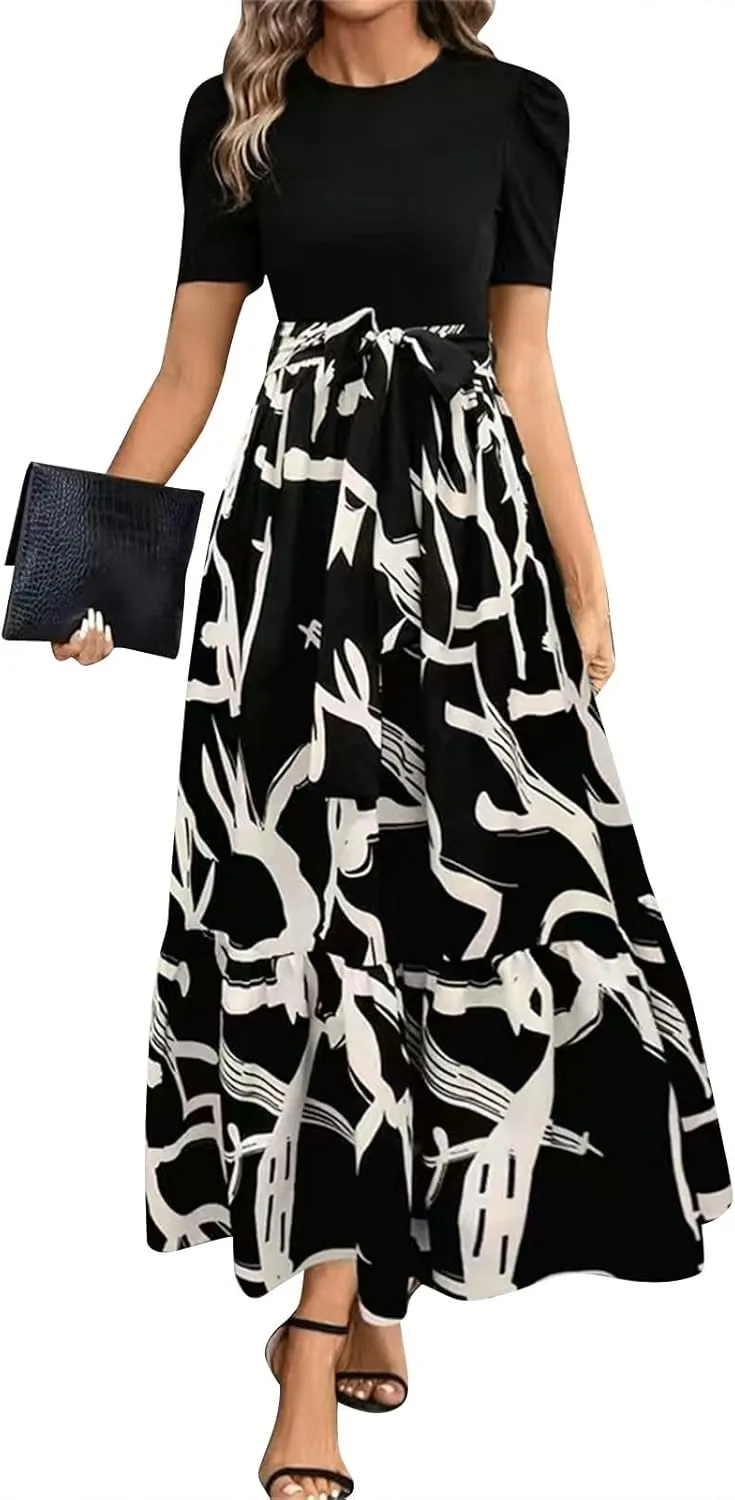 Womens Summer Floral Dress Casual Printed Short Sleeve Dress Crewneck Flowy Midi Dress Elegant Work Dresses with Belt