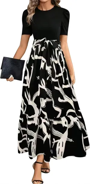 Womens Summer Floral Dress Casual Printed Short Sleeve Dress Crewneck Flowy Midi Dress Elegant Work Dresses with Belt