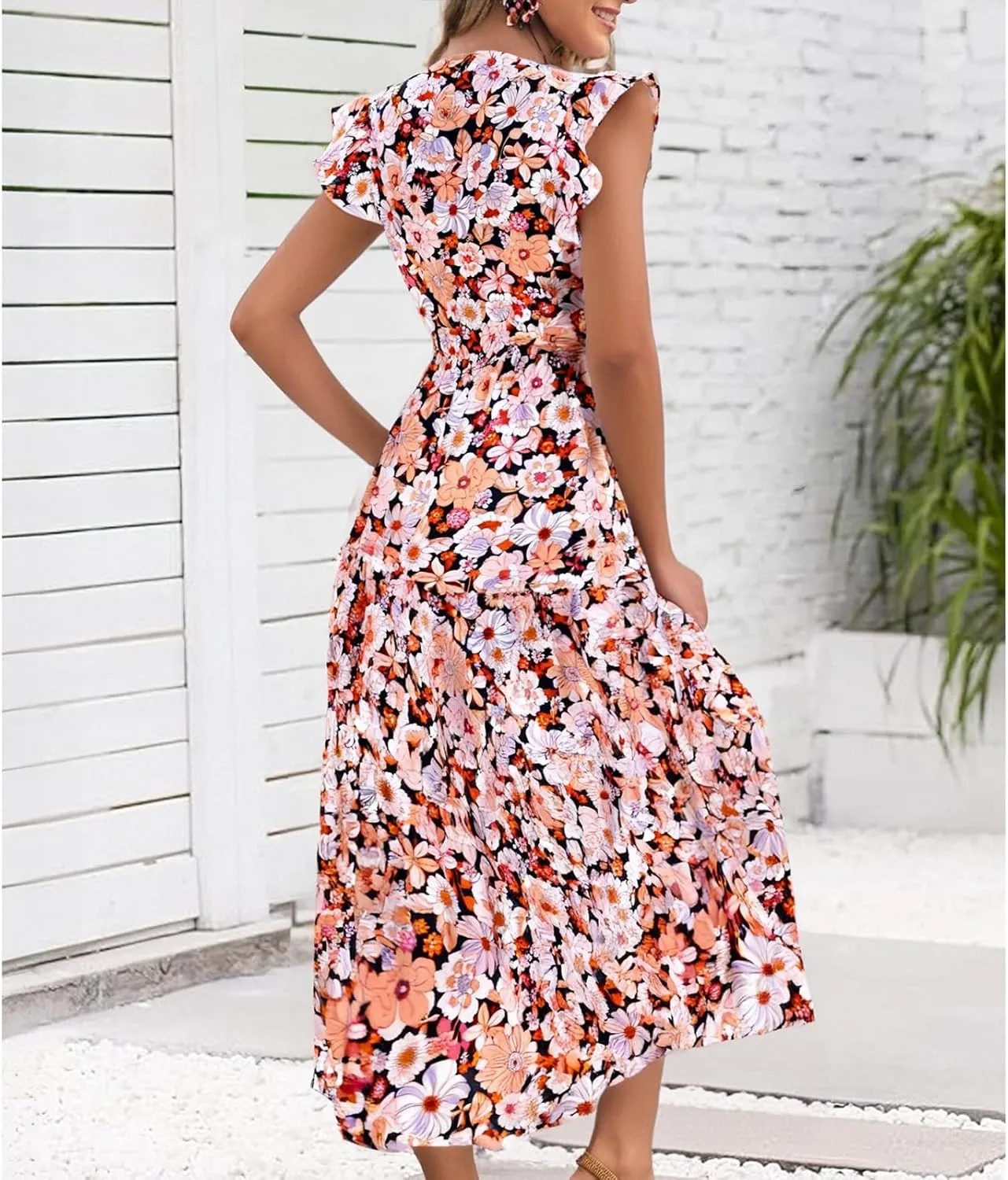 Womens Summer Floral Maxi Dress 2025 Cap Sleeve V Neck Ruffle Long Flowy Boho Casual Beach Vacation Sundresses