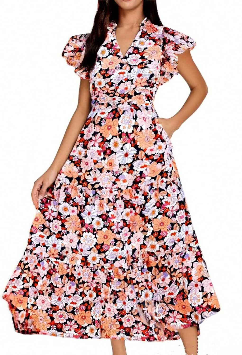 Womens Summer Floral Maxi Dress 2025 Cap Sleeve V Neck Ruffle Long Flowy Boho Casual Beach Vacation Sundresses