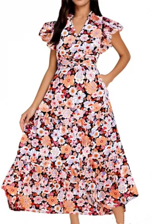 Womens Summer Floral Maxi Dress 2025 Cap Sleeve V Neck Ruffle Long Flowy Boho Casual Beach Vacation Sundresses