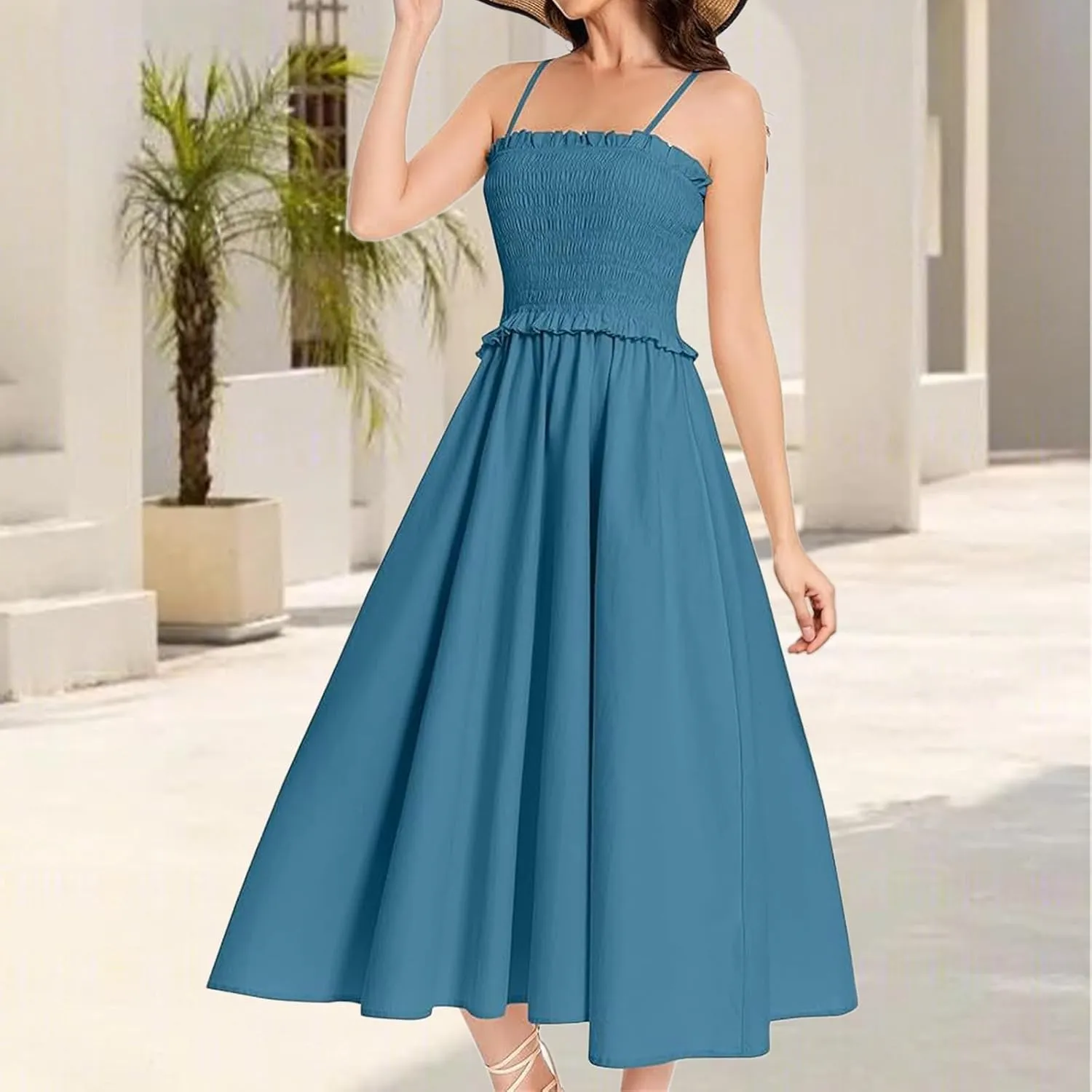 Women's Summer Maxi Dress Spaghetti Strap Smocked A Line Dresses Casual Elegant Flowy Long Dresses