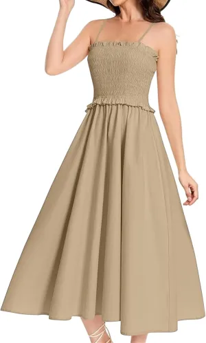 Women's Summer Maxi Dress Spaghetti Strap Smocked A Line Dresses Casual Elegant Flowy Long Dresses