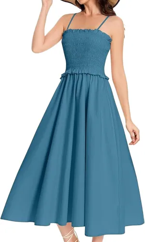 Women's Summer Maxi Dress Spaghetti Strap Smocked A Line Dresses Casual Elegant Flowy Long Dresses