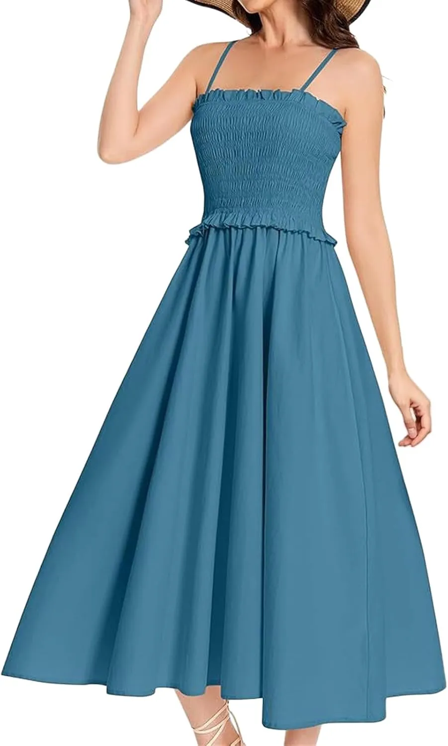 Women's Summer Maxi Dress Spaghetti Strap Smocked A Line Dresses Casual Elegant Flowy Long Dresses