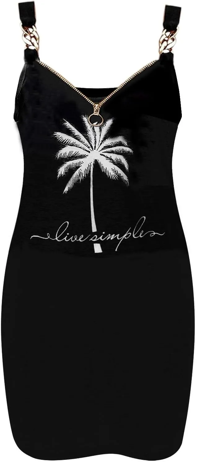 Womens Summer Mini Dresses Hawaiian Palm Tree Print Striped Spaghetti Straps Going Out Dresses Cocktail Party Sundress