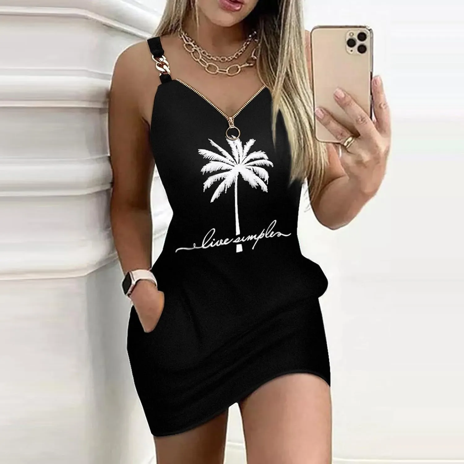 Womens Summer Mini Dresses Hawaiian Palm Tree Print Striped Spaghetti Straps Going Out Dresses Cocktail Party Sundress