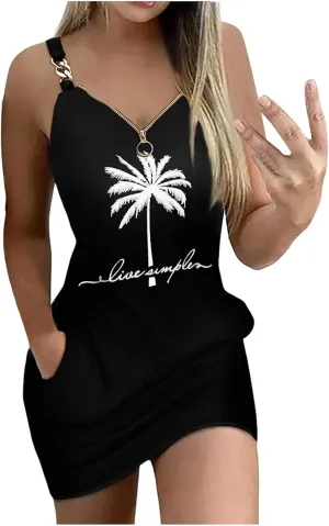 Womens Summer Mini Dresses Hawaiian Palm Tree Print Striped Spaghetti Straps Going Out Dresses Cocktail Party Sundress