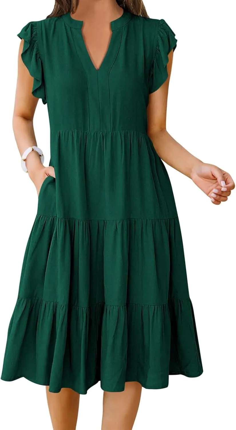 Womens Summer Short Sleeve Casual Dresses V-Neck A Line Work Formal Wedding Guest Midi Dress