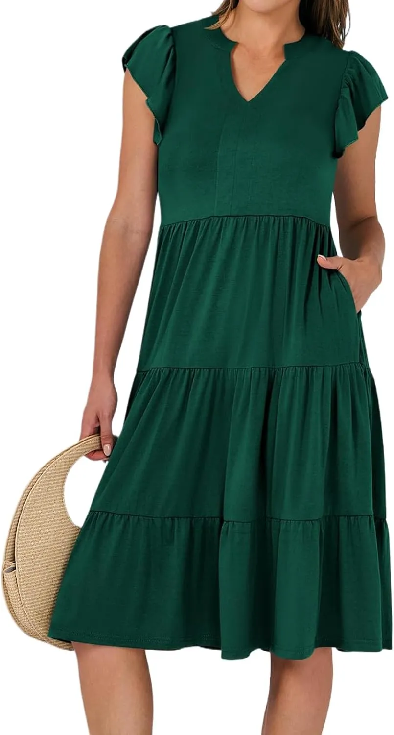 Womens Summer Short Sleeve Casual Dresses V-Neck A Line Work Formal Wedding Guest Midi Dress
