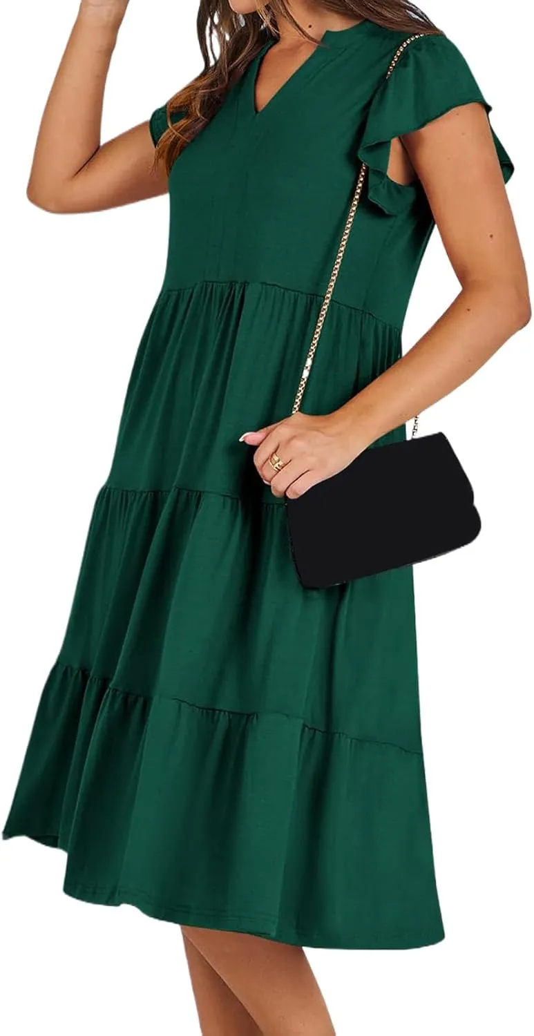 Womens Summer Short Sleeve Casual Dresses V-Neck A Line Work Formal Wedding Guest Midi Dress