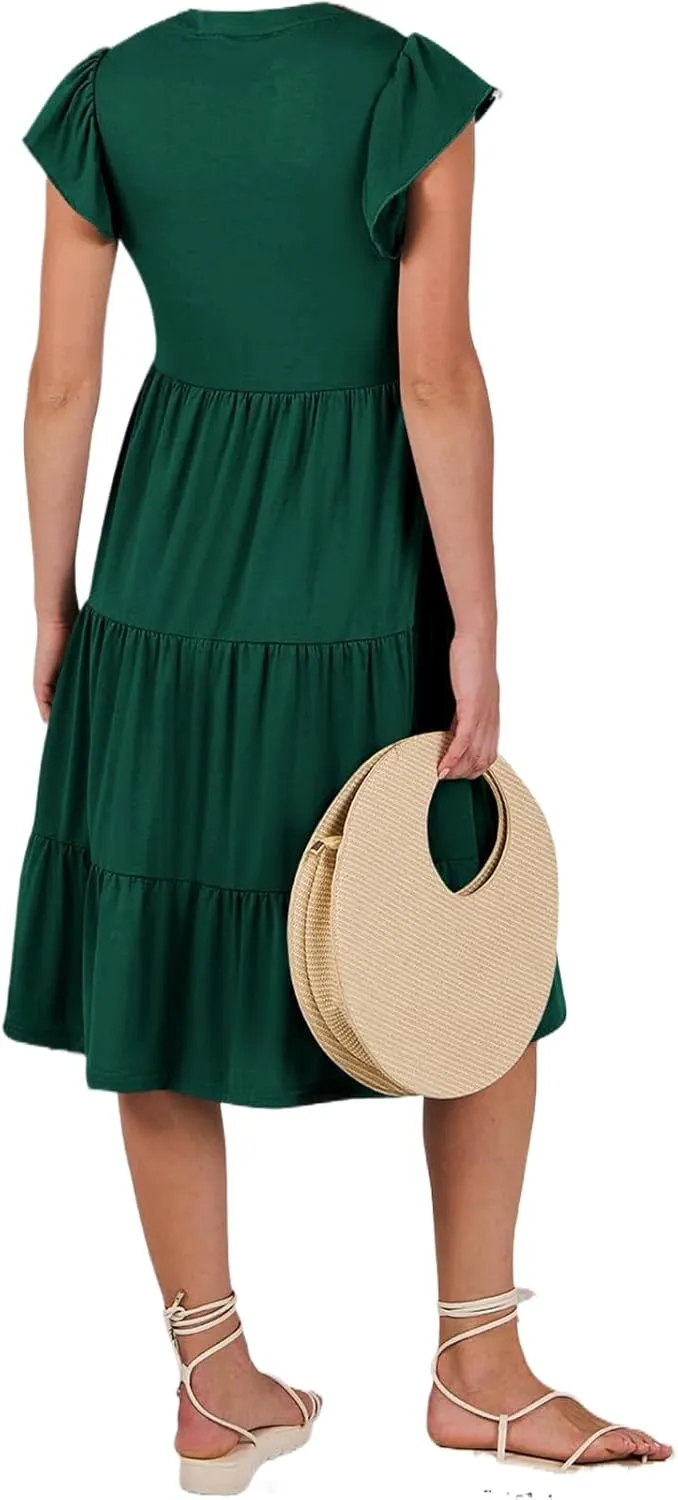 Womens Summer Short Sleeve Casual Dresses V-Neck A Line Work Formal Wedding Guest Midi Dress