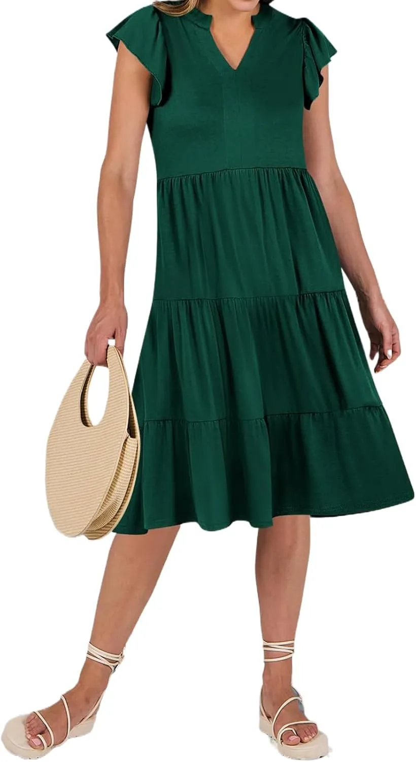 Womens Summer Short Sleeve Casual Dresses V-Neck A Line Work Formal Wedding Guest Midi Dress