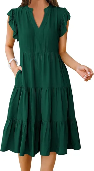 Womens Summer Short Sleeve Casual Dresses V-Neck A Line Work Formal Wedding Guest Midi Dress