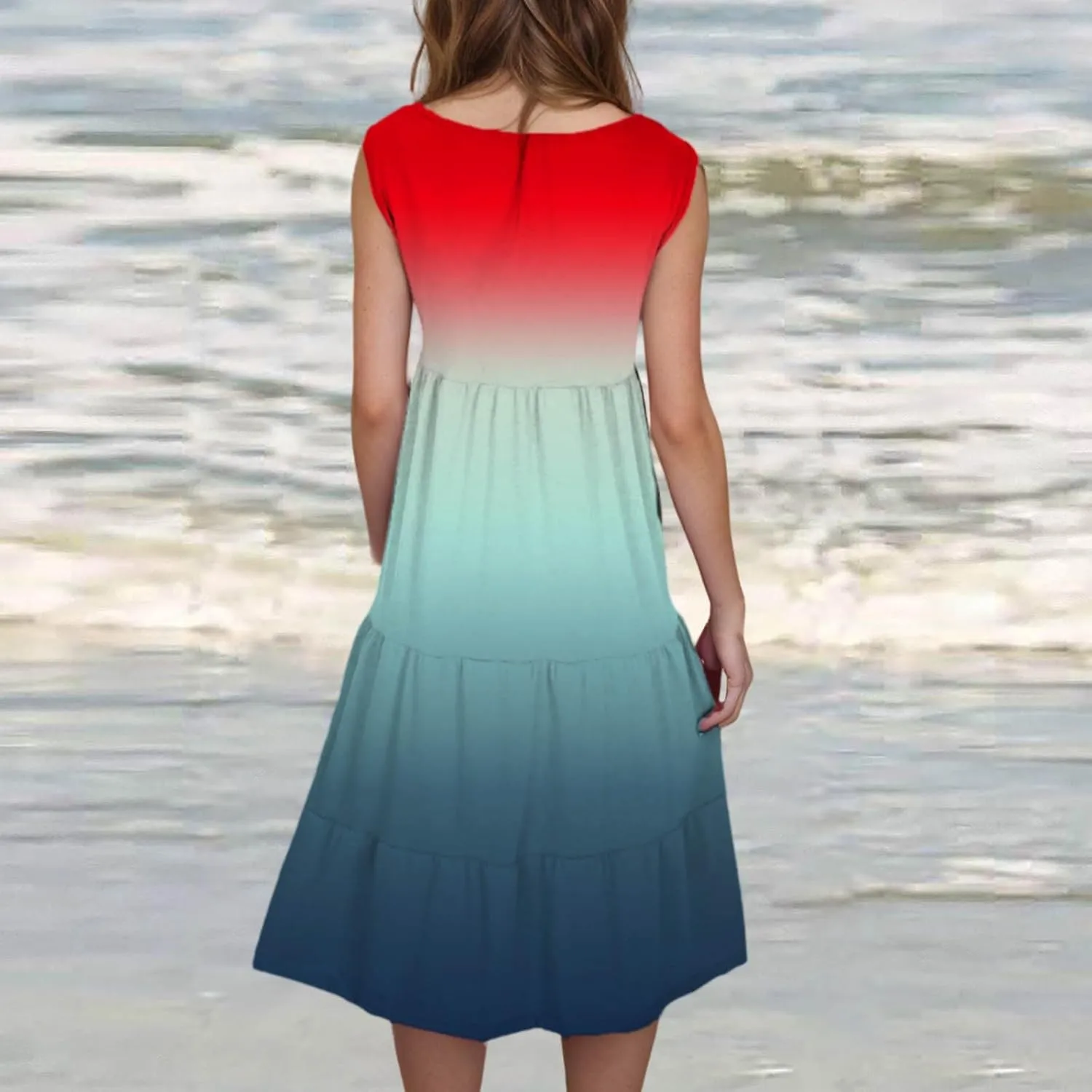 Womens Summer Sleeveless Dresses Beach Vacation Casual Sundress Gradient Ruffle Tiered Flowy A-Line Boho Dress