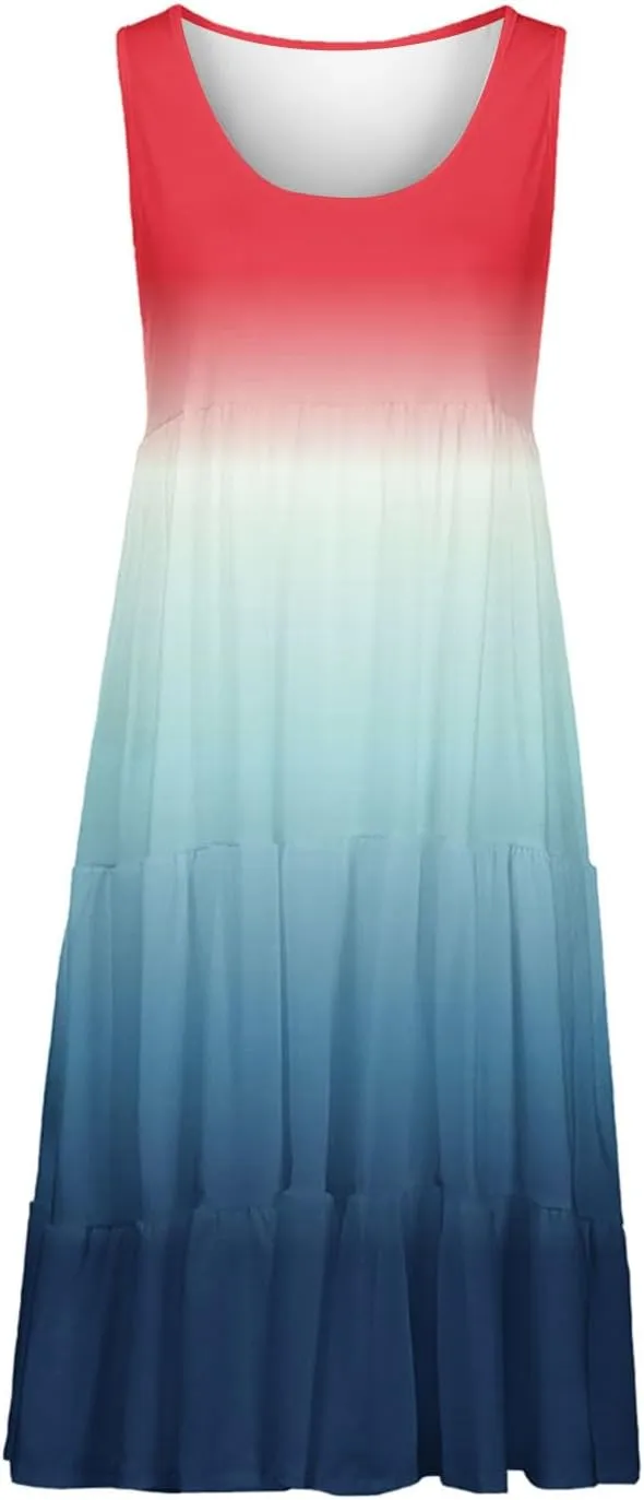 Womens Summer Sleeveless Dresses Beach Vacation Casual Sundress Gradient Ruffle Tiered Flowy A-Line Boho Dress