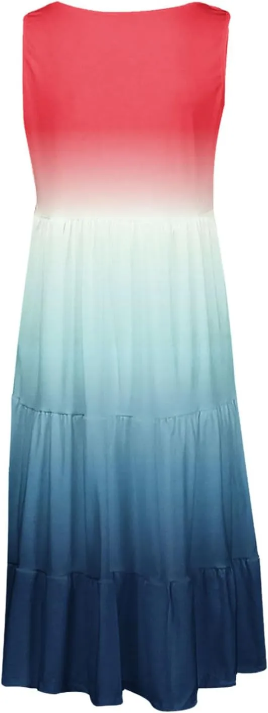 Womens Summer Sleeveless Dresses Beach Vacation Casual Sundress Gradient Ruffle Tiered Flowy A-Line Boho Dress