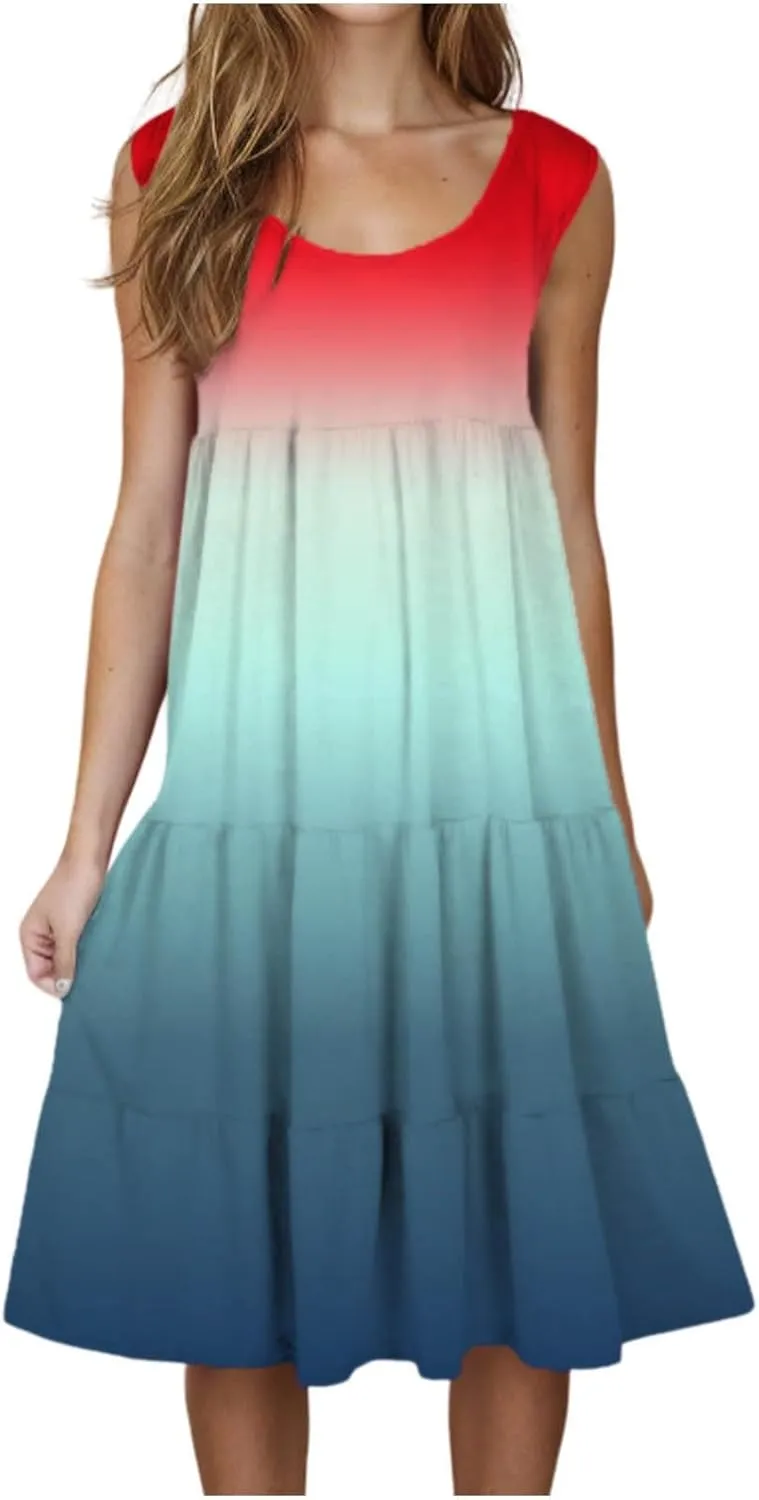 Womens Summer Sleeveless Dresses Beach Vacation Casual Sundress Gradient Ruffle Tiered Flowy A-Line Boho Dress