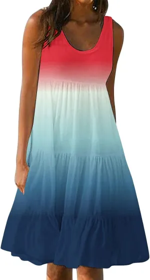 Womens Summer Sleeveless Dresses Beach Vacation Casual Sundress Gradient Ruffle Tiered Flowy A-Line Boho Dress