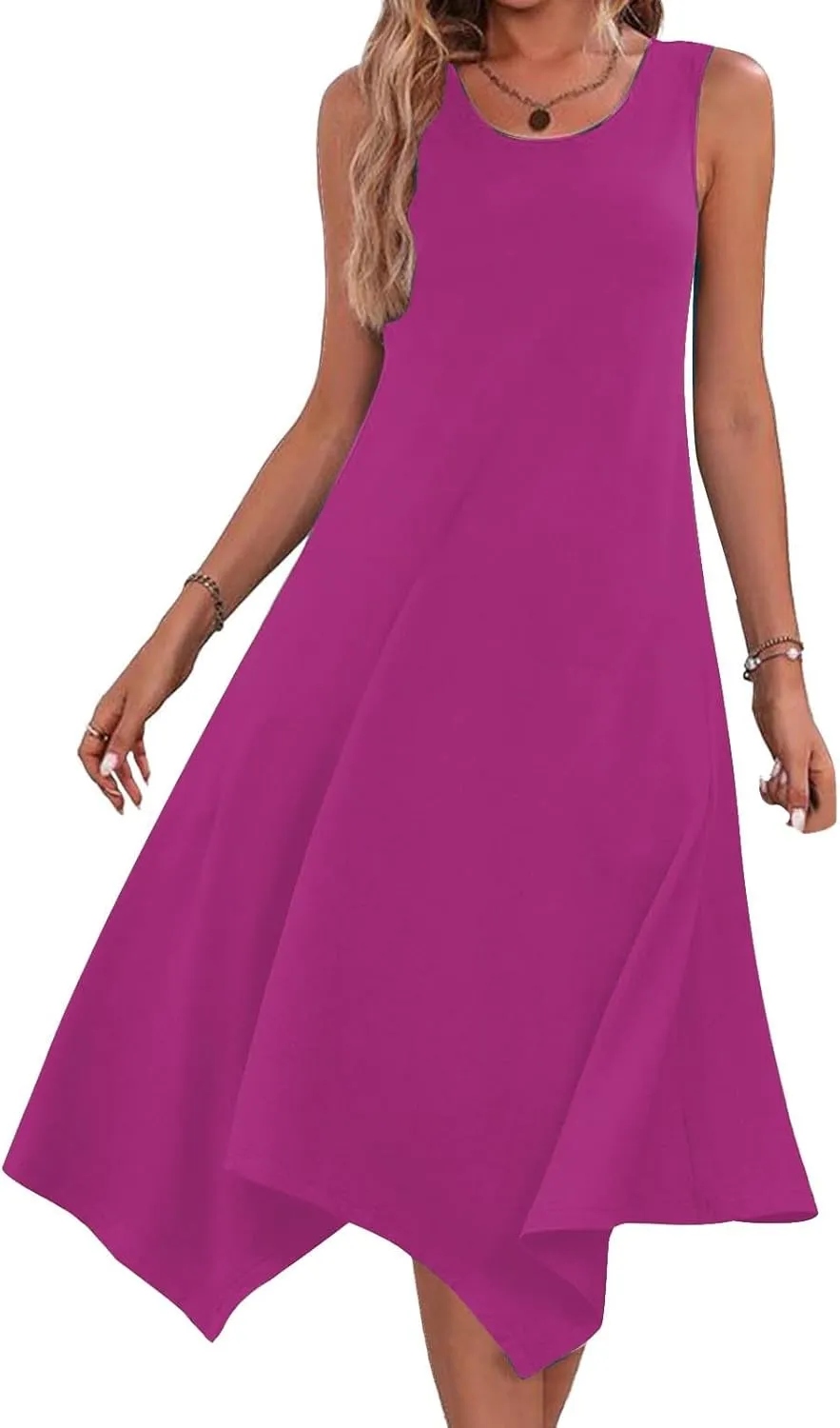 Womens Summer Sleeveless Tank Dress Trendy Solid Casual Sleeveless Crewneck Irregular Hem A-Line Flowy Dresses