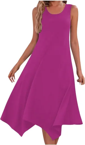 Womens Summer Sleeveless Tank Dress Trendy Solid Casual Sleeveless Crewneck Irregular Hem A-Line Flowy Dresses