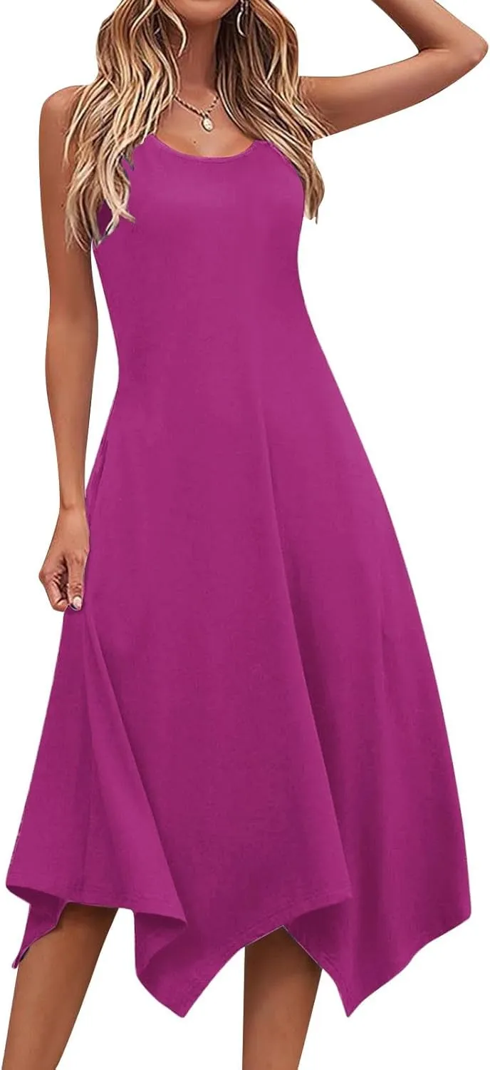 Womens Summer Sleeveless Tank Dress Trendy Solid Casual Sleeveless Crewneck Irregular Hem A-Line Flowy Dresses