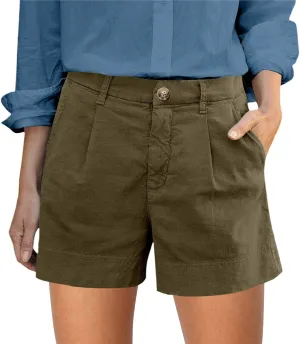 Women's Summer Solid Color Linen Shorts with Button Fly Elastic Waist Pockets Casual Wear Womens Cargo Shorts for