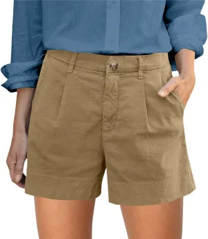 Women's Summer Solid Color Linen Shorts with Button Fly Elastic Waist Pockets Casual Wear Womens Cargo Shorts for